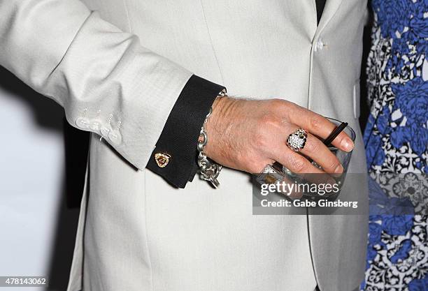 Singer Chris Phillips of Zowie Bowie, rings detail, attends opening night of the a cappella group Mo5aic's residency at Bally's Las Vegas on June 22,...