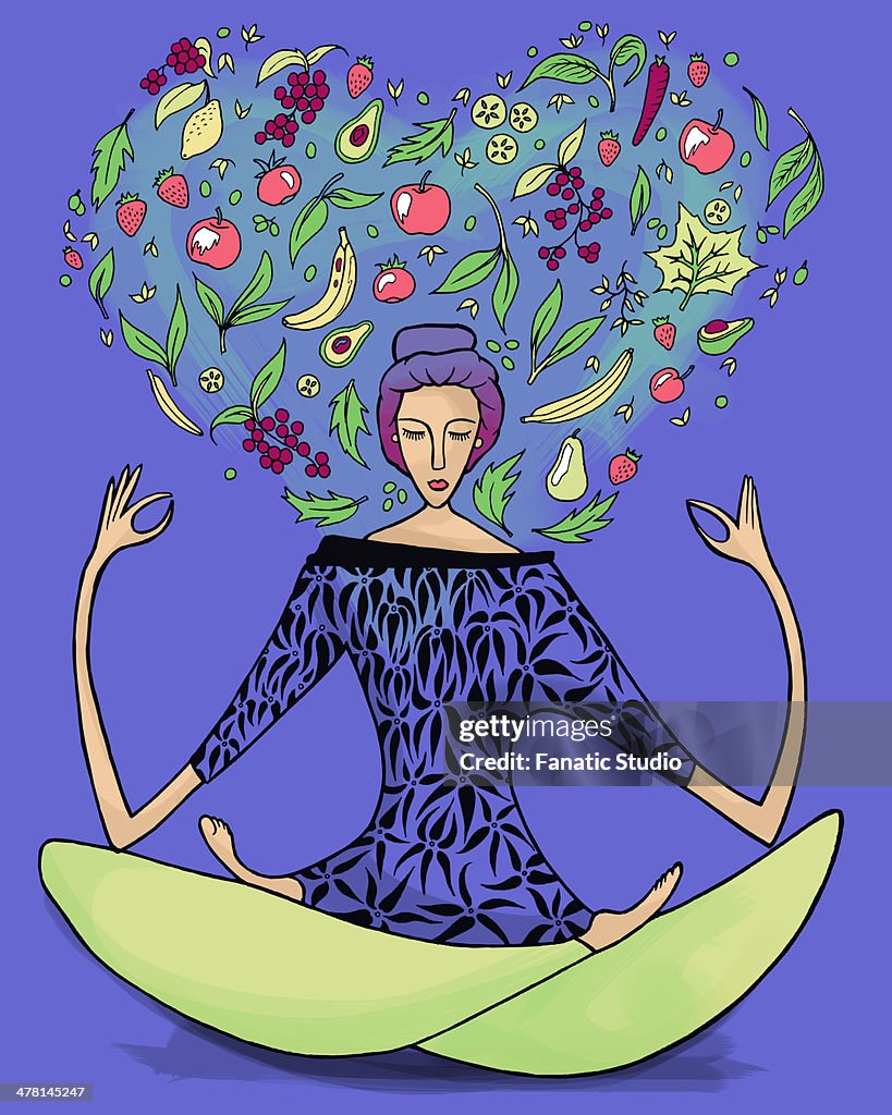 Illustrative image of woman performing yoga exercise with fruits and vegetables against blue background