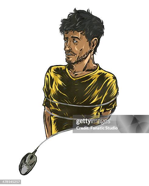 illustrative image of man tied with computer mouse representing internet addiction - stuck inside stock illustrations