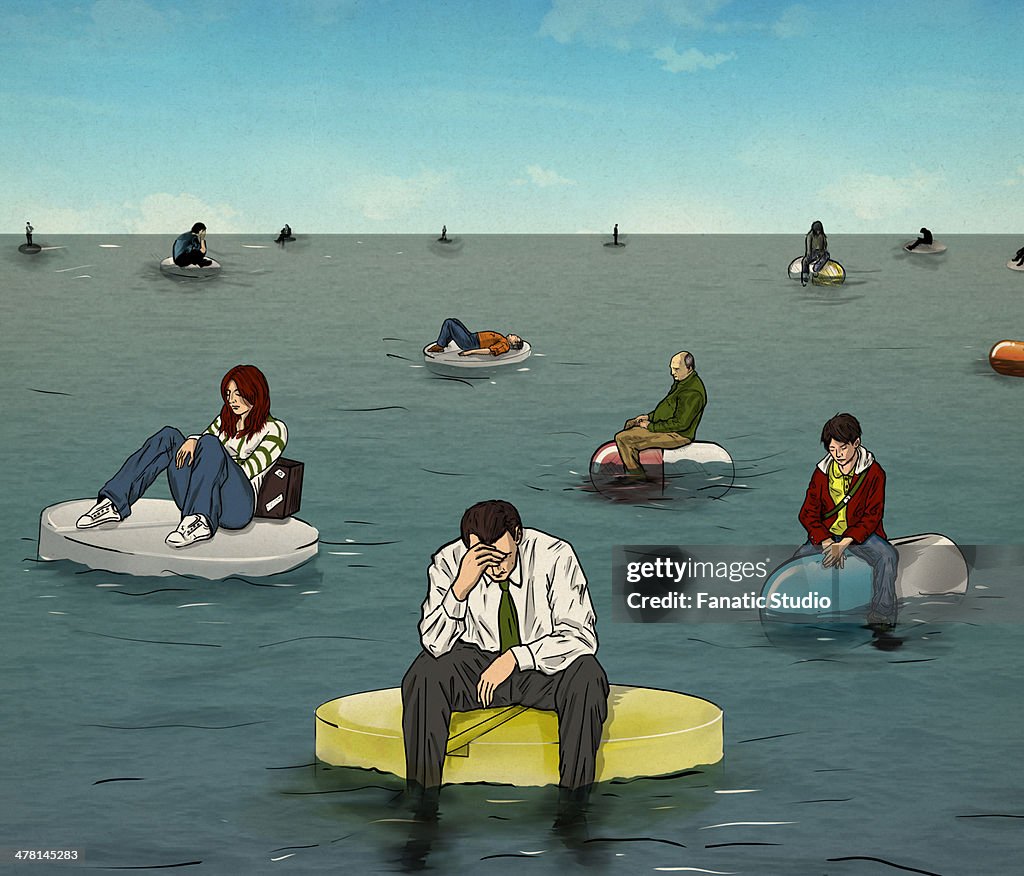 Illustrative image of people sitting on pills representing health issues