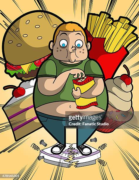 ilustrações de stock, clip art, desenhos animados e ícones de illustration of overweight boy eating while standing on broken weighing scale - bulimia