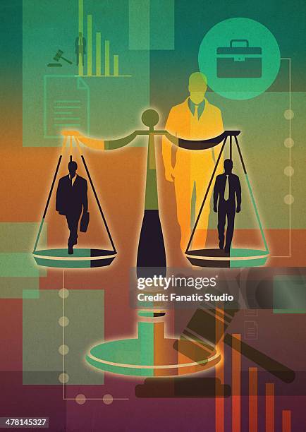 illustrative collage of business people in scales representing legal issue - schlichtung stock-grafiken, -clipart, -cartoons und -symbole