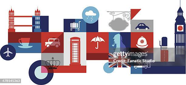 illustrative collage representing city life in london, uk - english-flag stock-grafiken, -clipart, -cartoons und -symbole