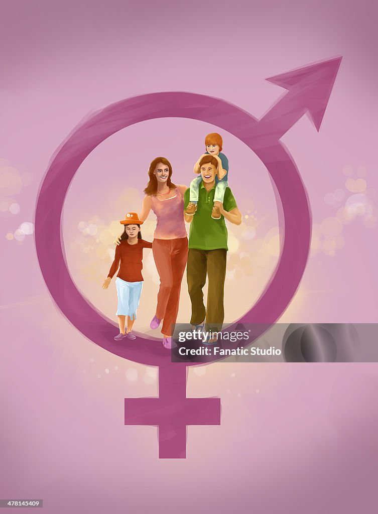 Illustrative image of happy family on gender symbols