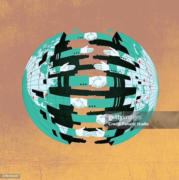 illustrative image of business people's hands coming out from globe representing - hello world stock illustrations