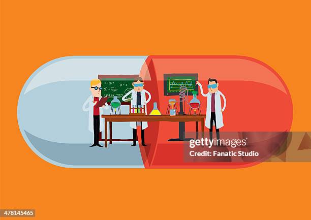 illustrative image of scientists experimenting in laboratory shaped capsule - laboratory table stock illustrations