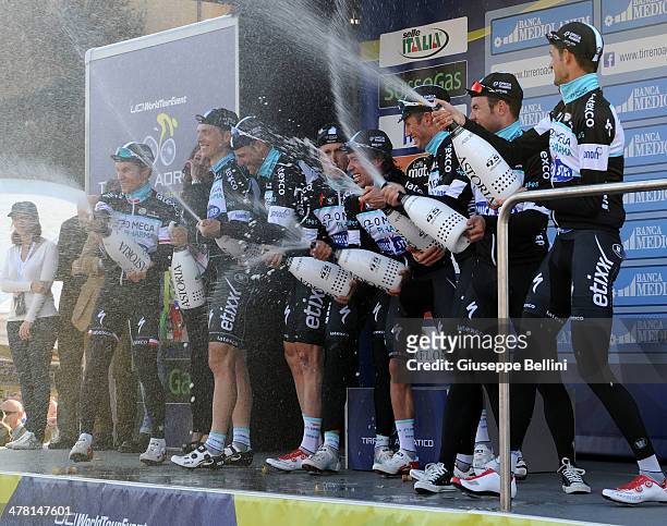 Omega Pharma-Quick Step celebrate the victory after stage one of the 2014 Tirreno Adriatico, a 18,5 km stage from Donoratico to San Vincenzo on March...