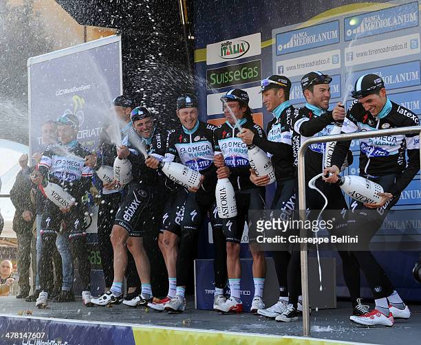 Omega Pharma-Quick Step celebrate the victory after stage one of the 2014 Tirreno Adriatico, a 18,5 km stage from Donoratico to San Vincenzo on March...