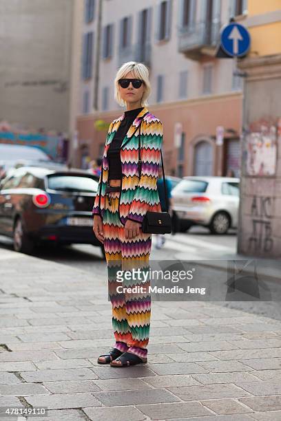 Linda Tol wears a Missoni outfit with a Gianfranco Lotti bag, and Manifesto sunglasses on June 21, 2015 in Milan, Italy.