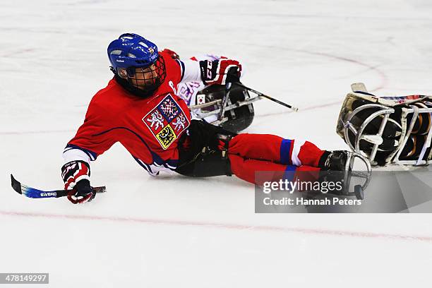 Zdenek Safranek of the Czech Republic shoots for goal during the Ice Sledge Hockey Classification match between Korea and the Czech Republic at the...