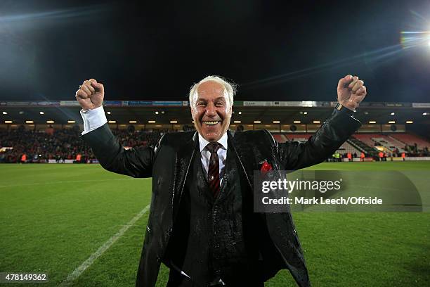 Bournemouth chairman Jeff Mostyn celebrates, covered in champagne during the Sky Bet Championship match between AFC Bournemouth and Bolton Wanderers...