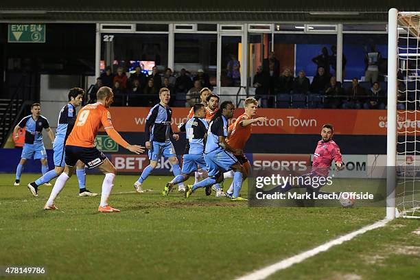 Elliott Lee of Luton Town scores the equalising goal during the Sky Bet League Two match between Luton Town and Wycombe Wanderers at Kenilworth Road...