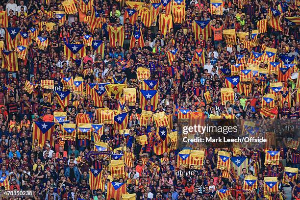 Barcelona fans hold pro-Catalan independence flags, known as the "Estelada" during the UEFA Champions League Final between Juventus and FC Barcelona...