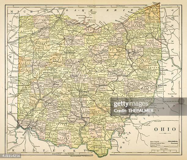 map of ohio 1883 - cleveland ohio map stock illustrations