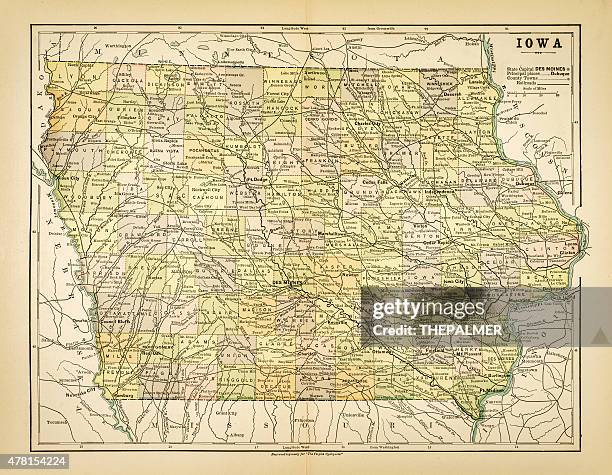 ilustraciones, imágenes clip art, dibujos animados e iconos de stock de mapa de iowa 1883 - iowa