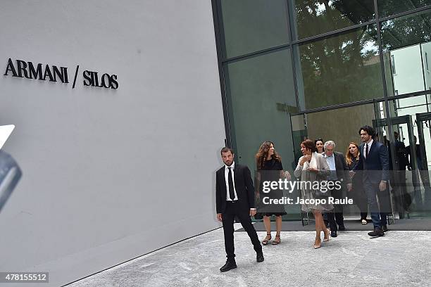 Roberta Armani, Grace Hightower and Robert De Niro leave the Armani Silos after the Giorgio Armani show during the Milan Men's Fashion Week...