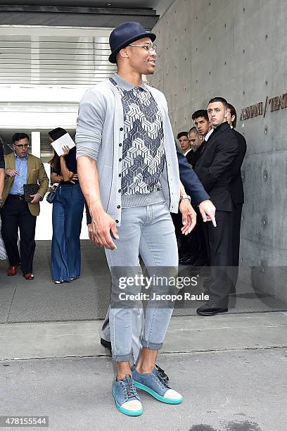 Russel Westbrook leaves the Giorgio Armani show during the Milan Men's Fashion Week Spring/Summer 2016 on June 23, 2015 in Milan, Italy.