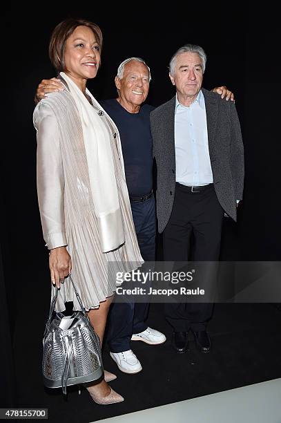 Grace Hightower,Giorgio Armani and Robert De Niro attend the Giorgio Armani show during the Milan Men's Fashion Week Spring/Summer 2016 on June 23,...
