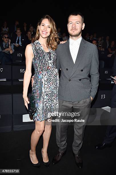 Ludovica Sauer and Alessandro Cattelan attend the Giorgio Armani show during the Milan Men's Fashion Week Spring/Summer 2016 on June 23, 2015 in...