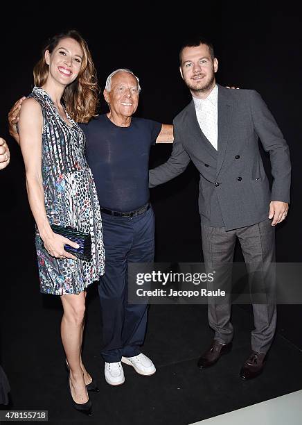 Ludovica Sauer, Giorgio Armani and Alessandro Cattelan attend the Giorgio Armani show during the Milan Men's Fashion Week Spring/Summer 2016 on June...