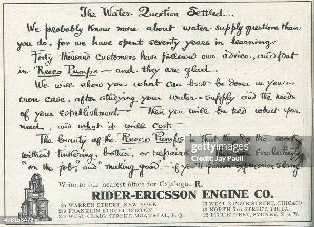 Advertisement for the Reeco water pump by the Rider-Ericsson Engine Company, New York, 1911.