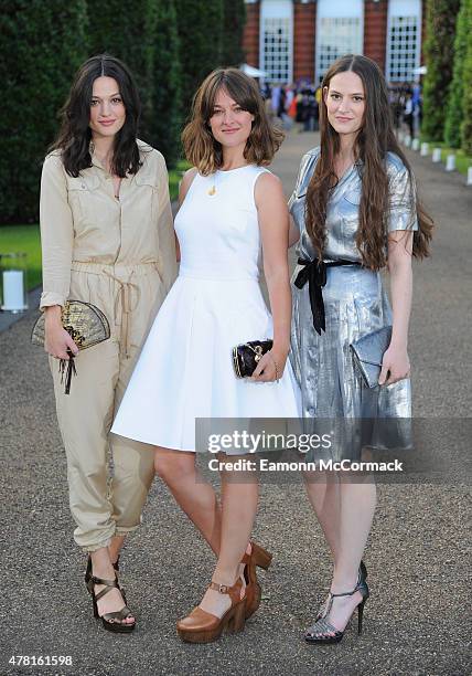 Jessica Staveley-Taylor, Emily Staveley-Taylor and Camilla Staveley-Taylor attend the Vogue and Ralph Lauren Wimbledon party at The Orangery on June...