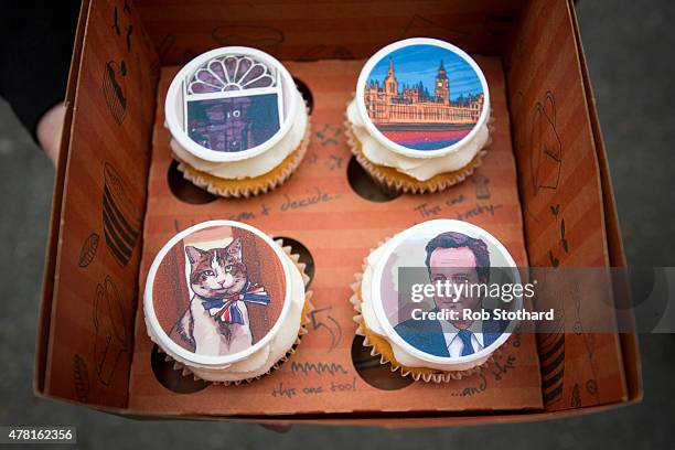 Cupcakes by a baker from 'Hello And' depicting the British Prime Minister David Cameron and other scenes from Westminster are presented at Downing...