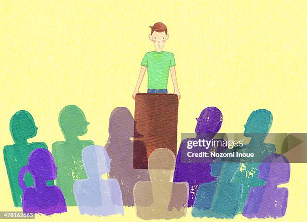 a person speaking at a town hall meeting - town hall meeting stock illustrations