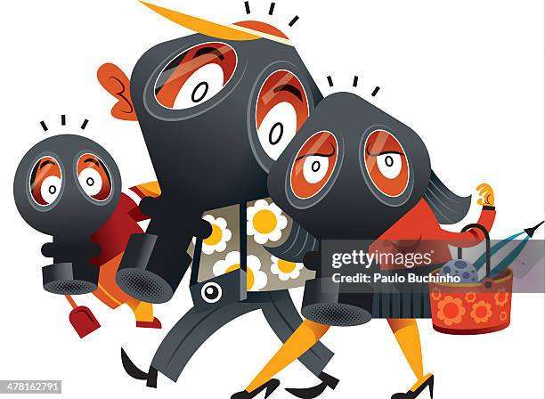 a family wearing gas masks - paranoia 2013 film stock-grafiken, -clipart, -cartoons und -symbole