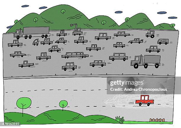 a car going against traffic on the highway - eskapismus stock-grafiken, -clipart, -cartoons und -symbole
