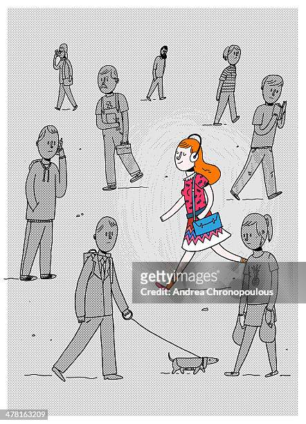 a girl walking among a crowd of people - eskapismus stock-grafiken, -clipart, -cartoons und -symbole