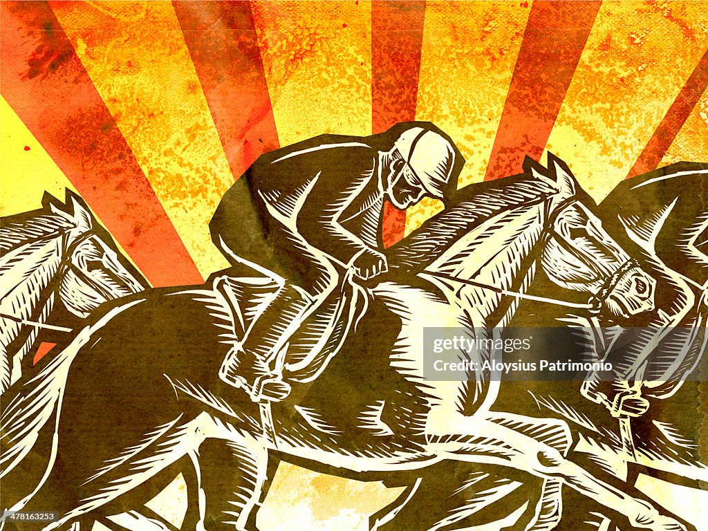 A woodcut style image of a horse race