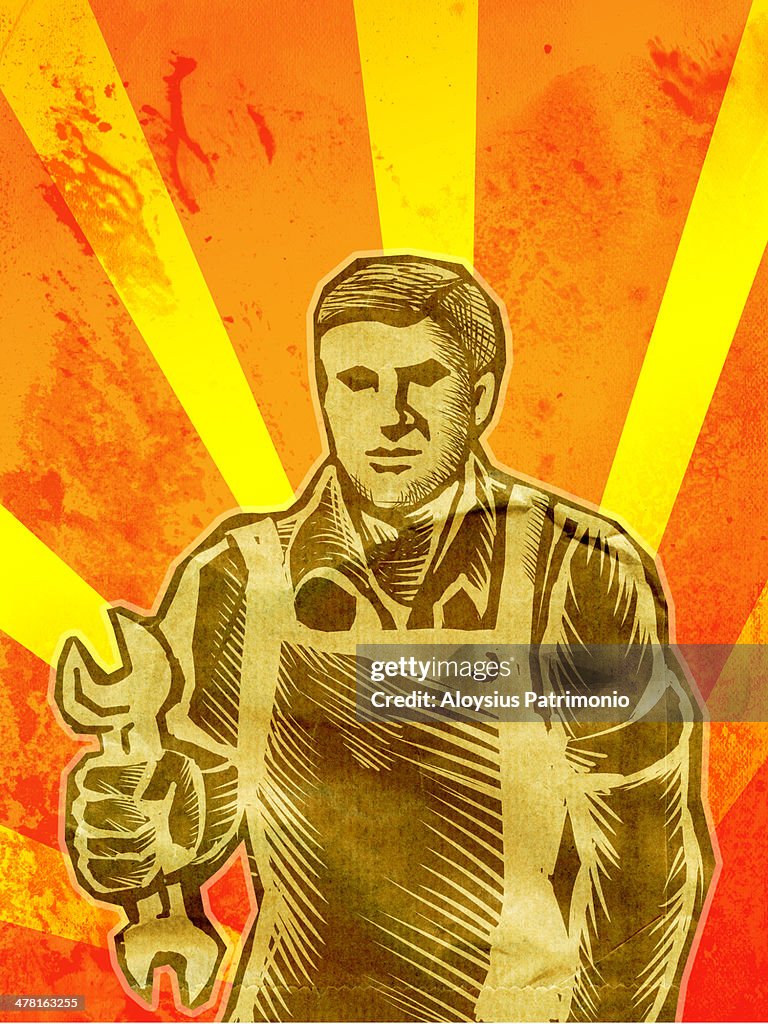 A woodcut style image of a man holding a wrench