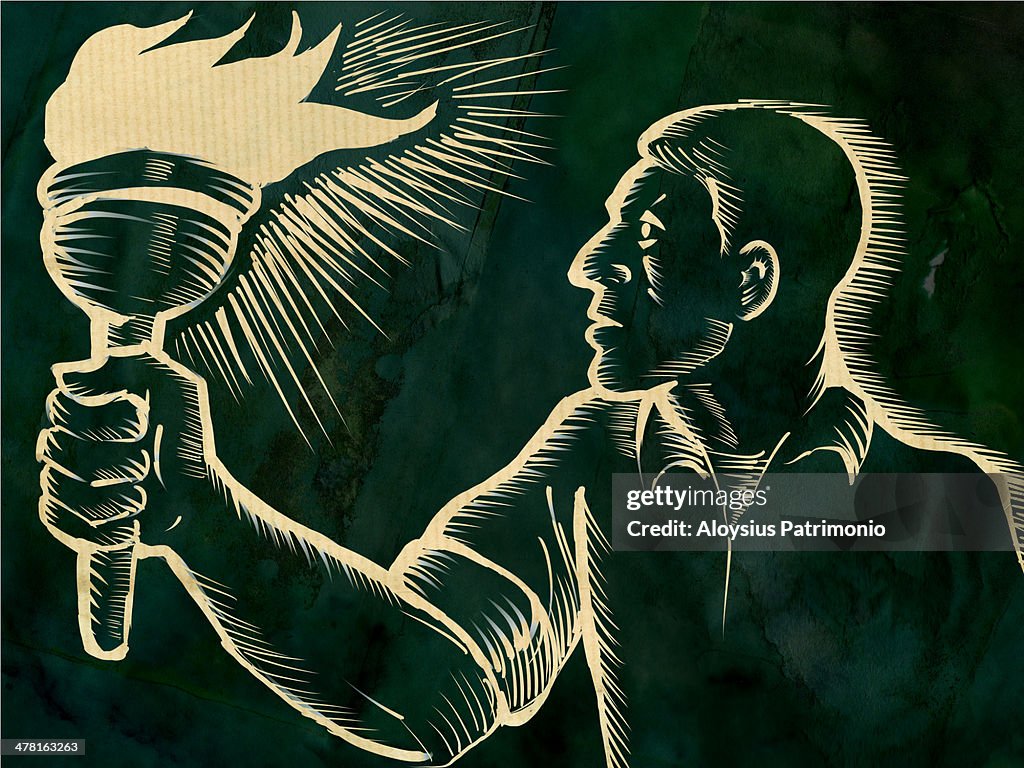 A woodcut style image of a man holding a torch