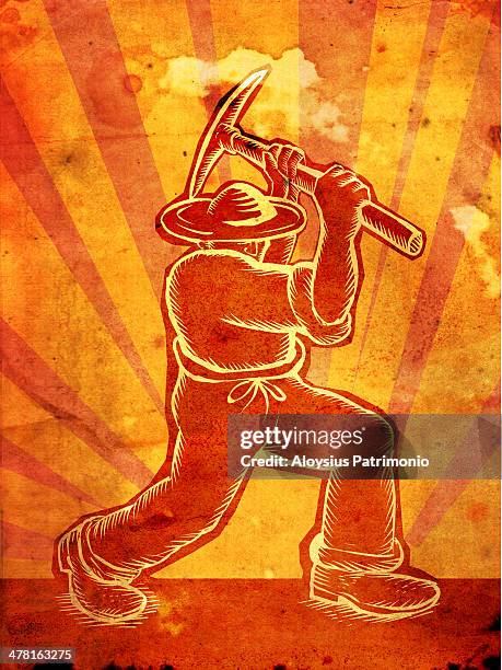 An Etching Of A Farmer With A Pick Axe, Stock-Foto