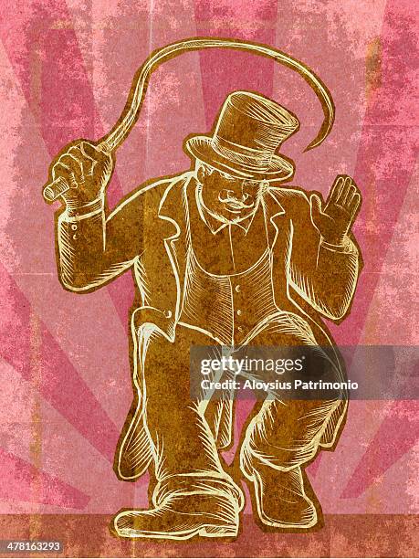 ilustraciones, imágenes clip art, dibujos animados e iconos de stock de a circus ringmaster holding a whip - patrimonio