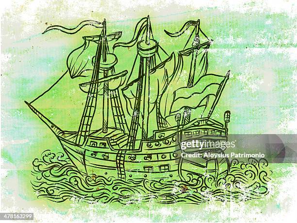 ilustraciones, imágenes clip art, dibujos animados e iconos de stock de a galleon sailing ship - patrimonio