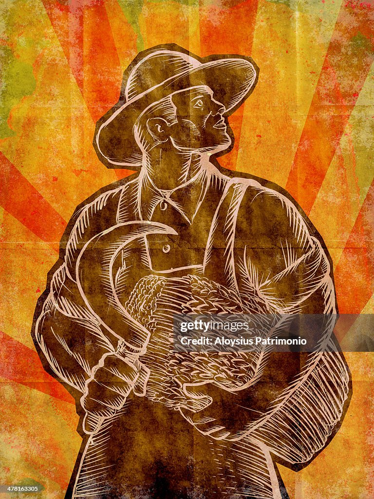 A wheat farmer with a scythe