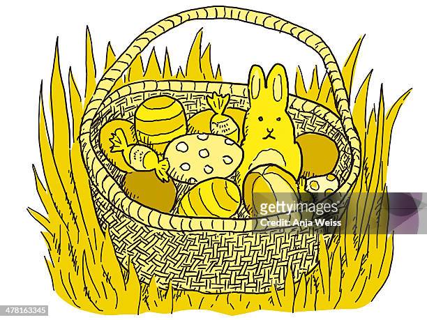 an easter basket filled with eggs and a chocolate bunny - grass pile white background stock-grafiken, -clipart, -cartoons und -symbole