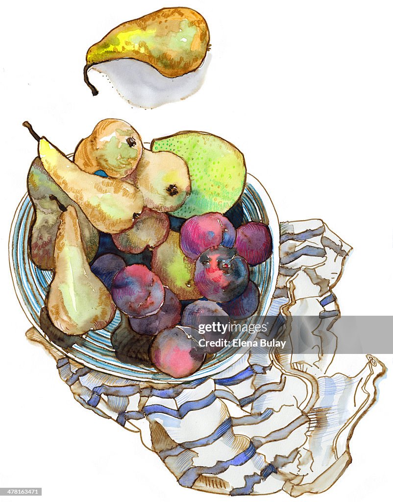 A watercolor painting of a bowl of fruit