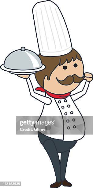 illustrazioni stock, clip art, cartoni animati e icone di tendenza di a chef holding a serving tray - chef cloche