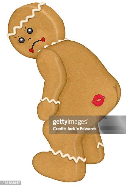 illustrations, cliparts, dessins animés et icônes de a gingerbread man with a kiss mark on his behind - christmas angry