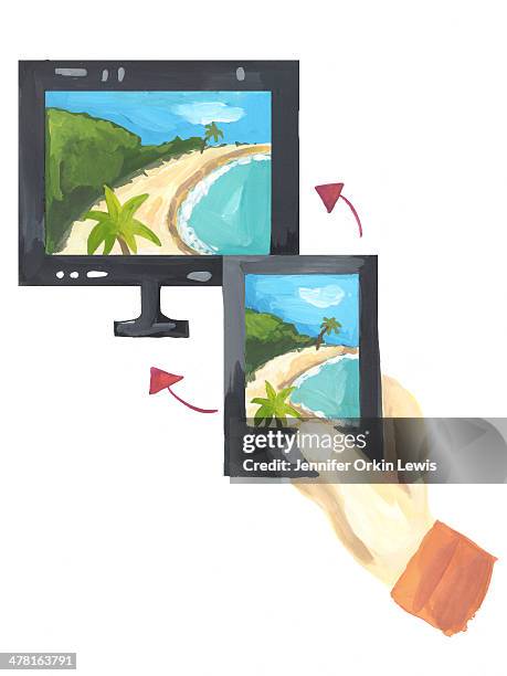 sending a photo via mobile phone - couple travel tablet stock illustrations