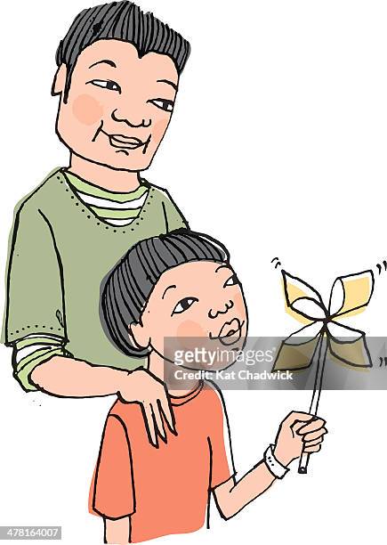 father with his son blowing a pinwheel - fond orange stock illustrations