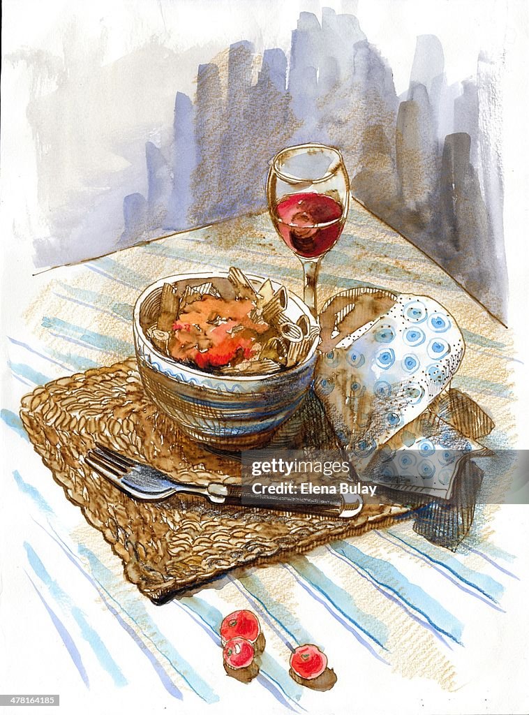 A watercolor painting of a bowl of food and a glass of wine