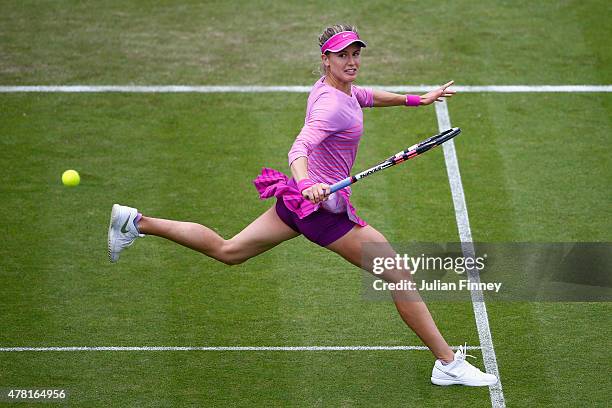 Eugenie Bouchard of Canada in action against Alison Riske of USA during the Aegon International day three at Devonshire Park on June 23, 2015 in...