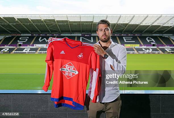 Swedish Goalkeeper Kristoffer Nordfeldt is unveiled as a new signing by Swansea City FC at the Liberty Stadium on June 23, 2015 in Swansea, Wales.
