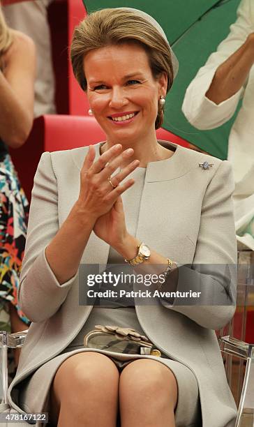 Queen Mathilde of Belgium visits the pavilion of Belgium during the national day of Belgium at the Expo 2015 on June 12, 2015 in Milan, Italy.