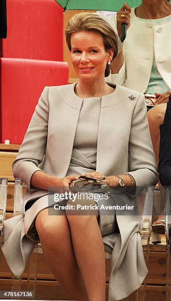 Queen Mathilde of Belgium visits the pavilion of Belgium during the national day of Belgium at the Expo 2015 on June 12, 2015 in Milan, Italy.