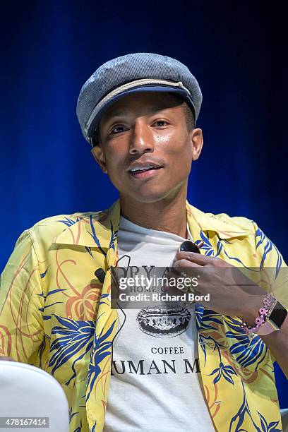 Grammy Award winner musician/entrepreneur Pharrell Williams speaks onstage as iHeartMedia hosts the main stage fireside chat about creativity with...